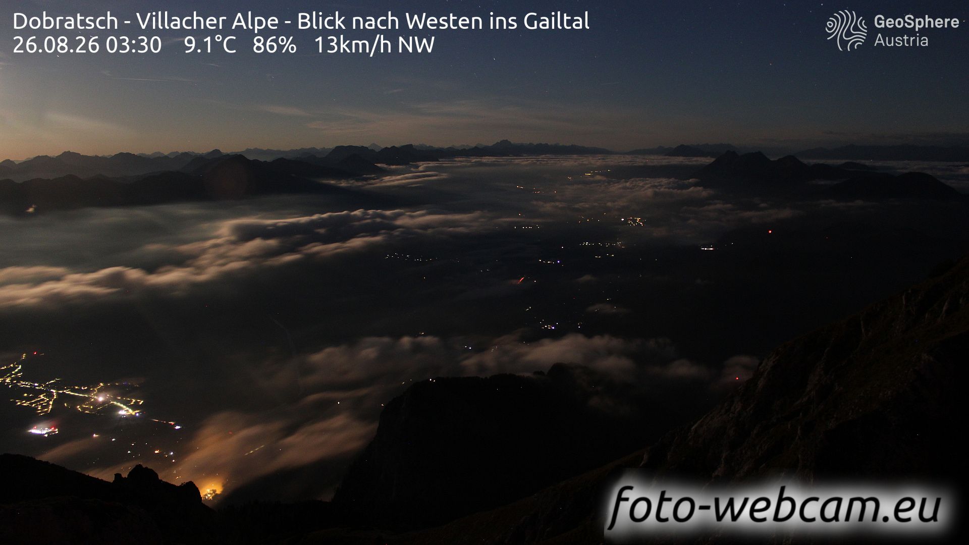 Traffic Cam Huttendorf: Dobratsch - Villacher Alpe - Blick nach Westen ins Gailtal