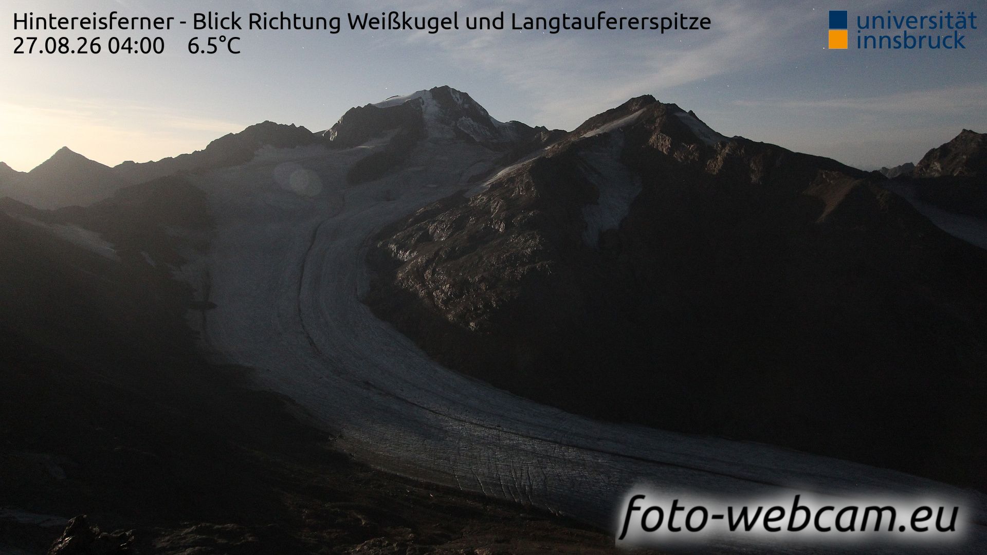 Traffic Cam Kurzras - Maso Corto: Hintereisferner - Blick Richtung Weißkugel und Langtaufererspitze