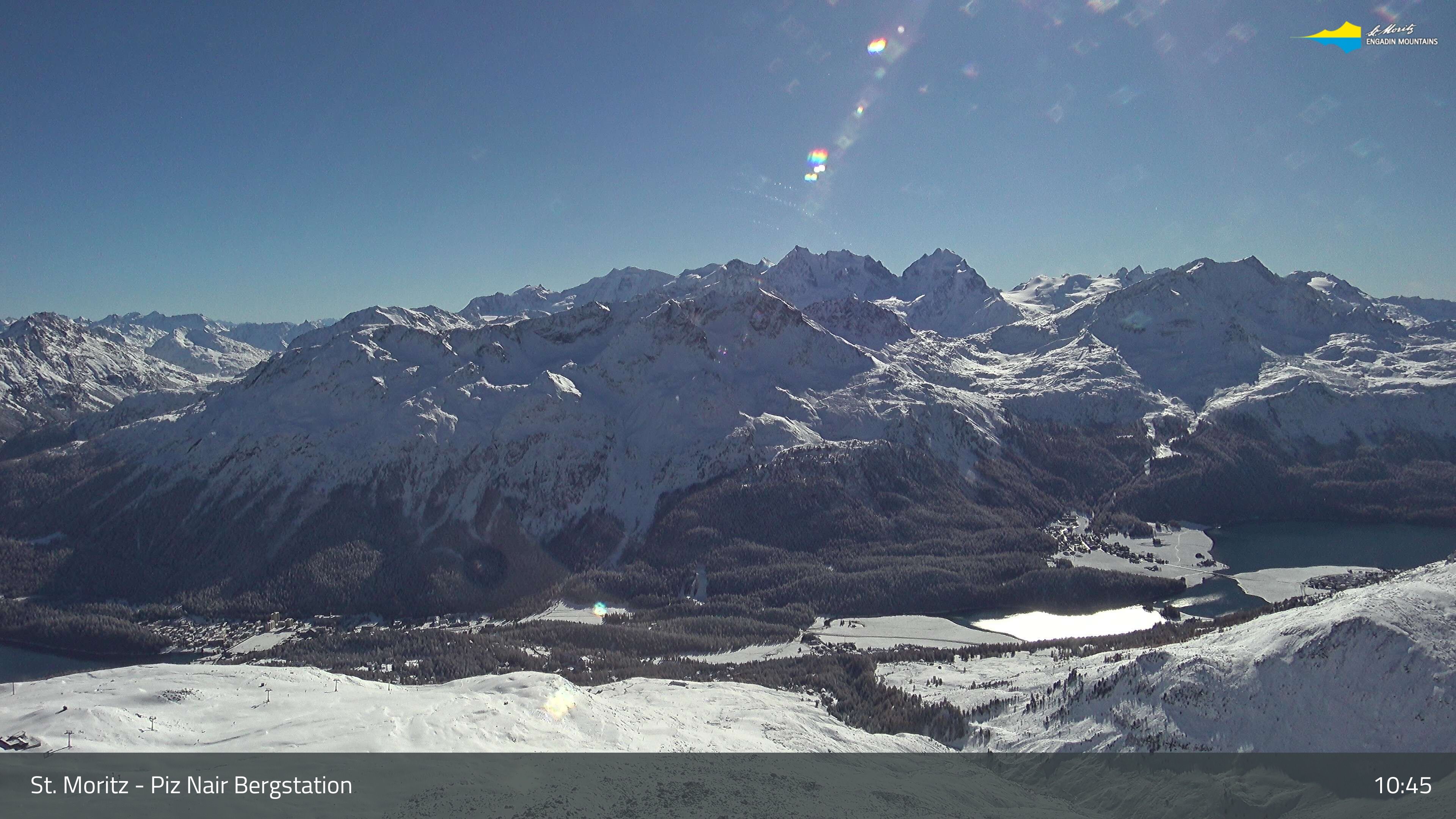 Sankt Moritz: St. Moritz - Piz Nair Bergstation, Blick Richtung St. Moritz und Silvaplana