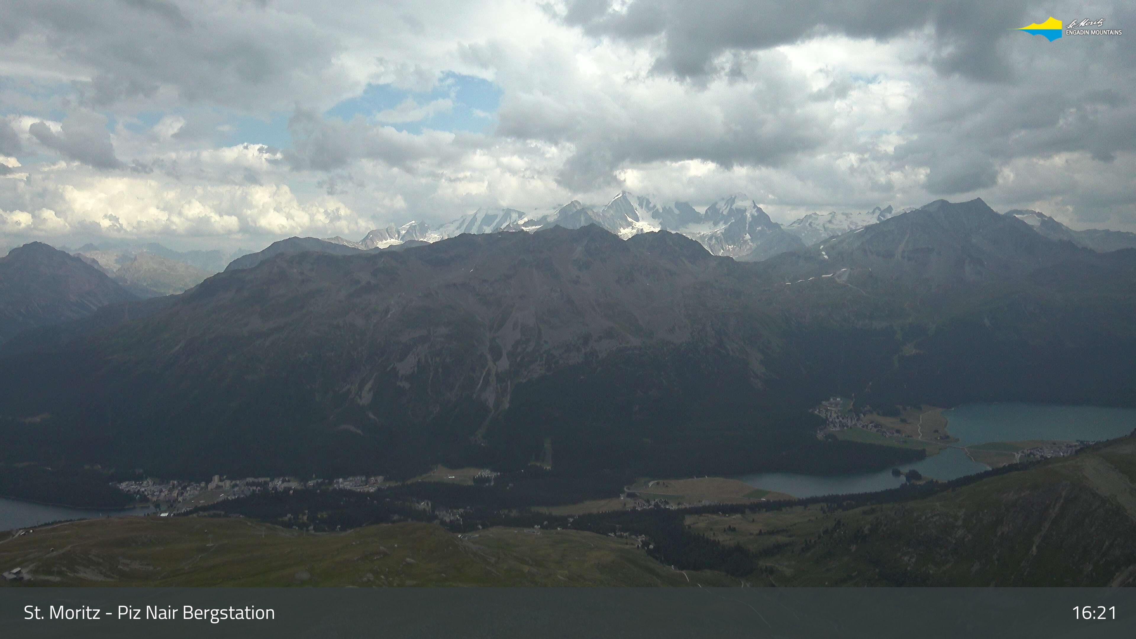 Sankt Moritz: St. Moritz - Piz Nair Bergstation, Blick Richtung St. Moritz und Silvaplana