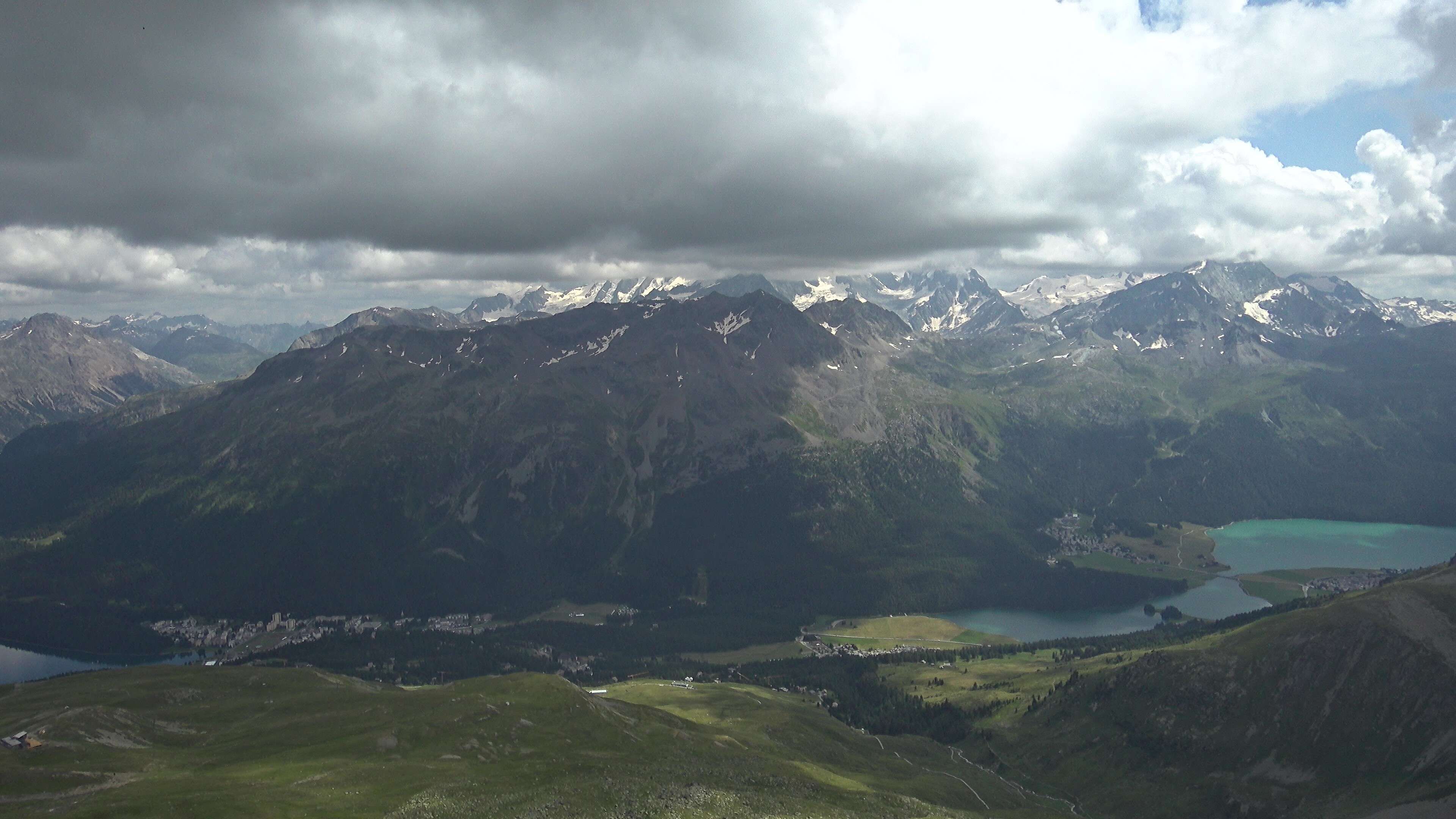 Sankt Moritz: St. Moritz - Piz Nair Bergstation, Blick Richtung St. Moritz und Silvaplana