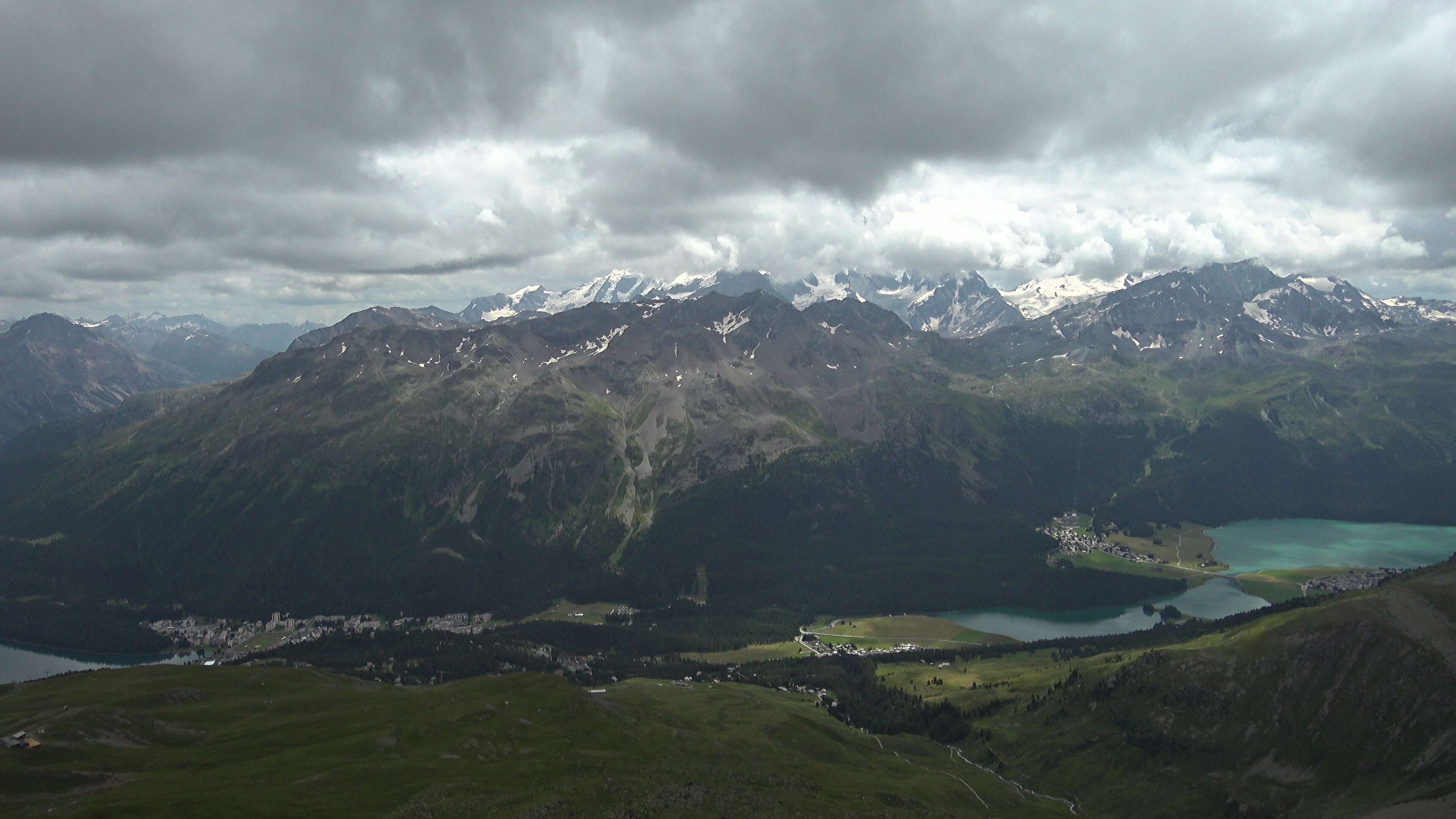 Sankt Moritz: St. Moritz - Piz Nair Bergstation, Blick Richtung St. Moritz und Silvaplana