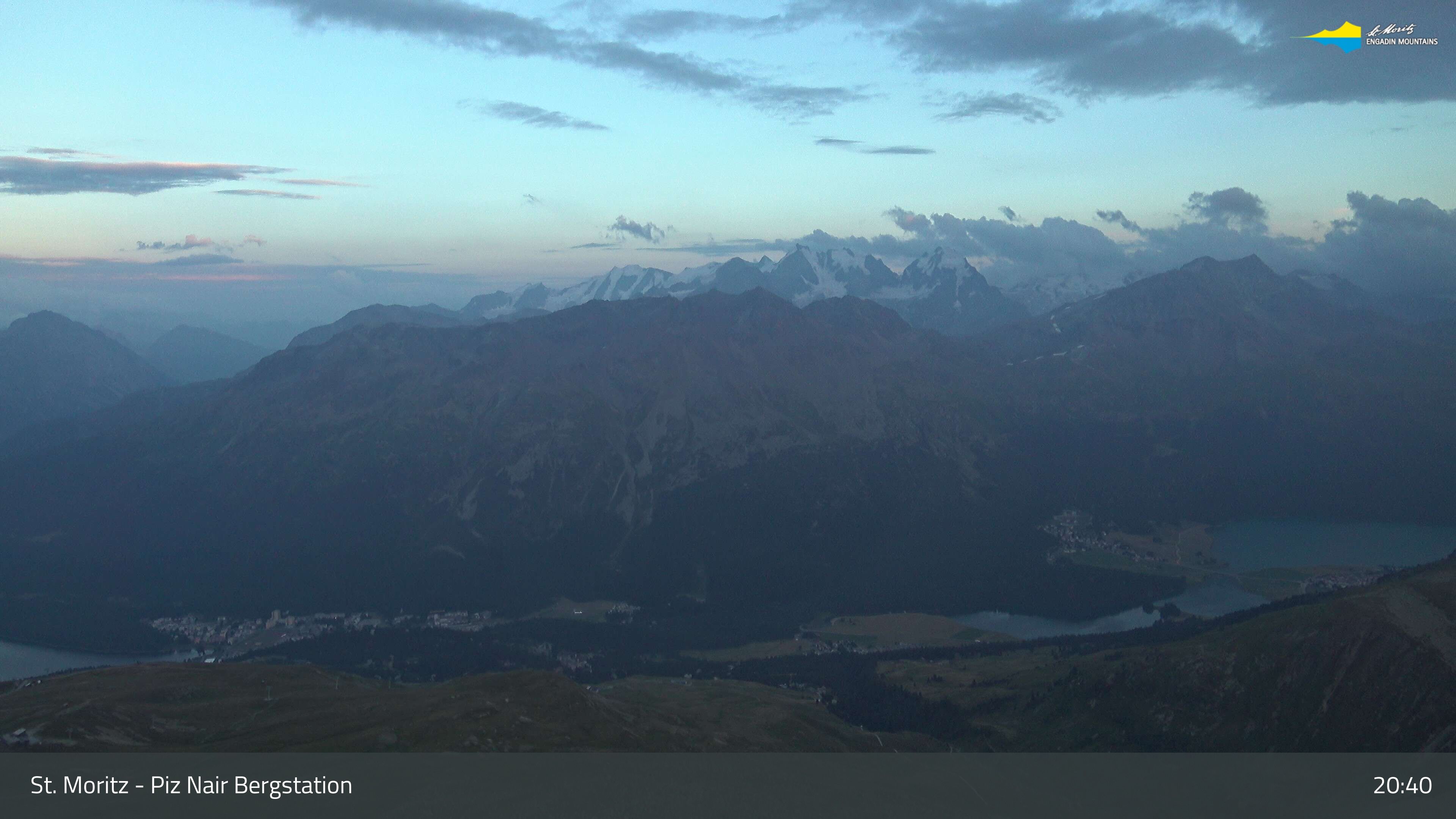 Sankt Moritz: St. Moritz - Piz Nair Bergstation, Blick Richtung St. Moritz und Silvaplana