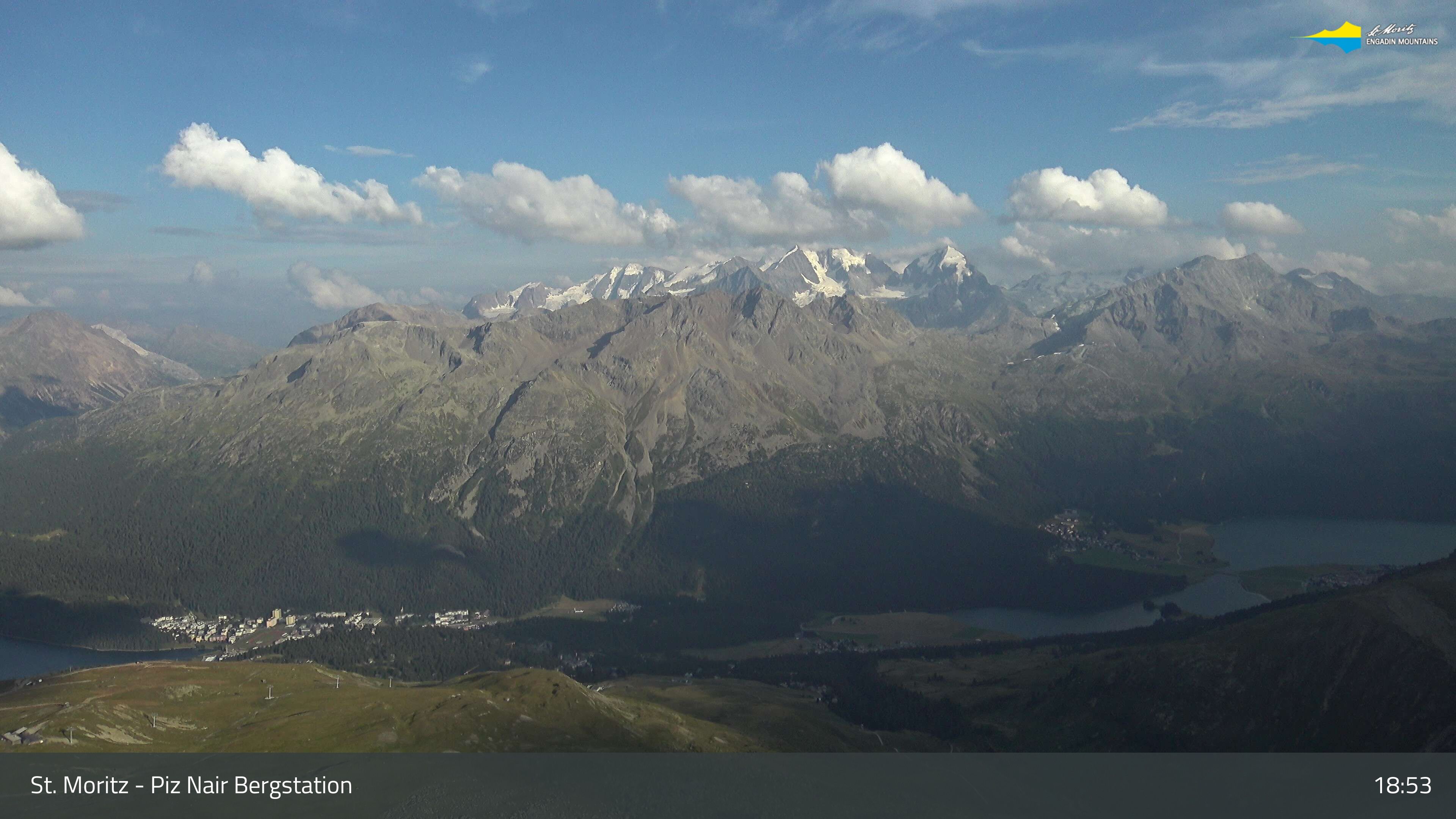 Sankt Moritz: St. Moritz - Piz Nair Bergstation, Blick Richtung St. Moritz und Silvaplana