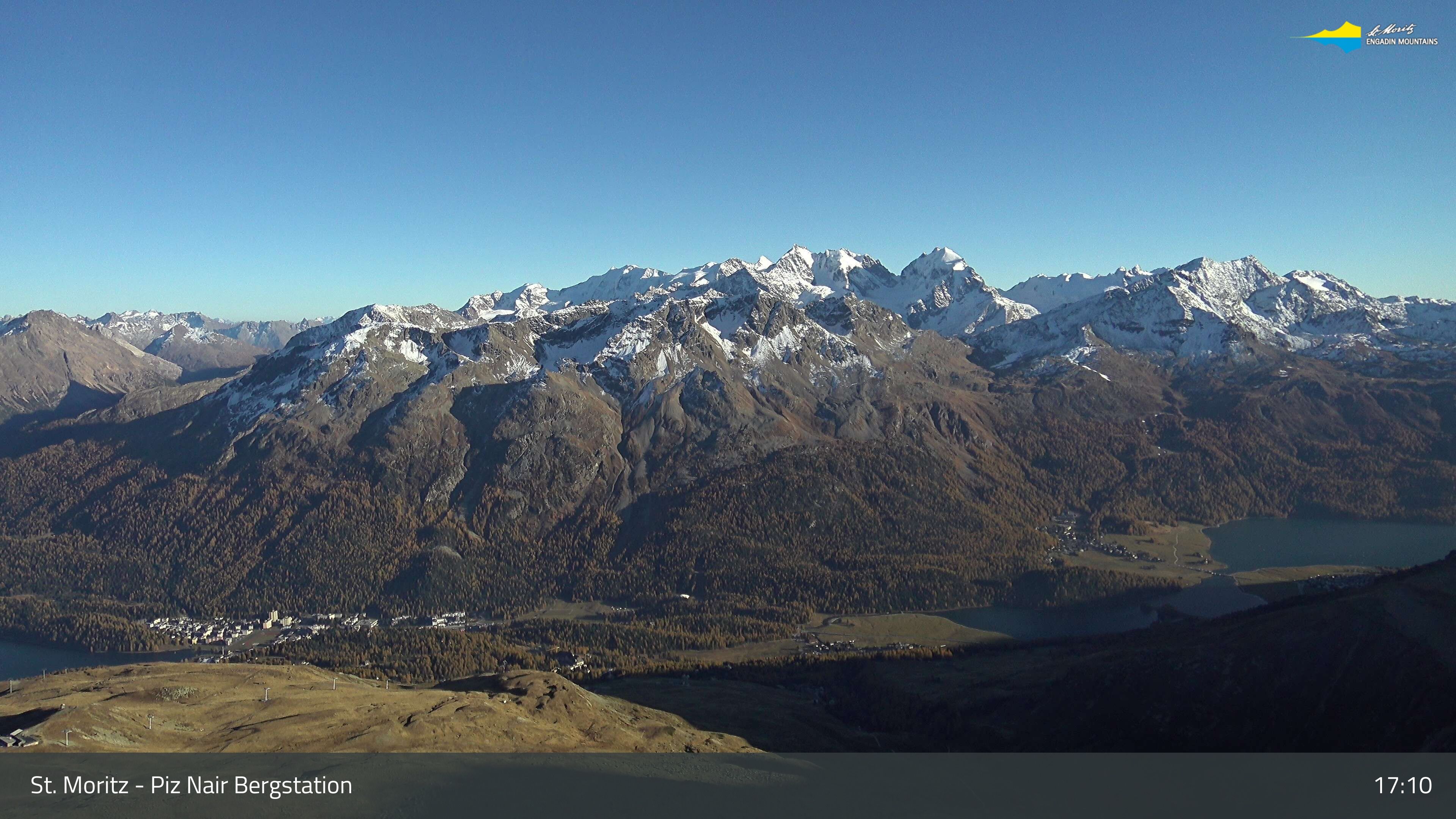 Sankt Moritz: St. Moritz - Piz Nair Bergstation, Blick Richtung St. Moritz und Silvaplana