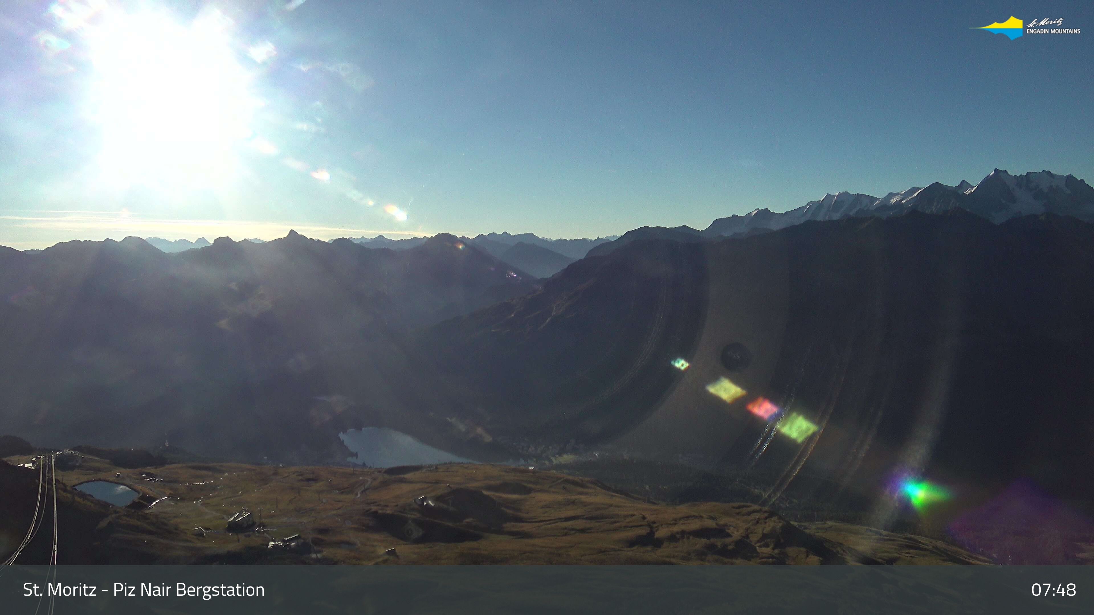 Sankt Moritz: St. Moritz - Piz Nair Bergstation, Blick Richtung St. Moritz und Silvaplana