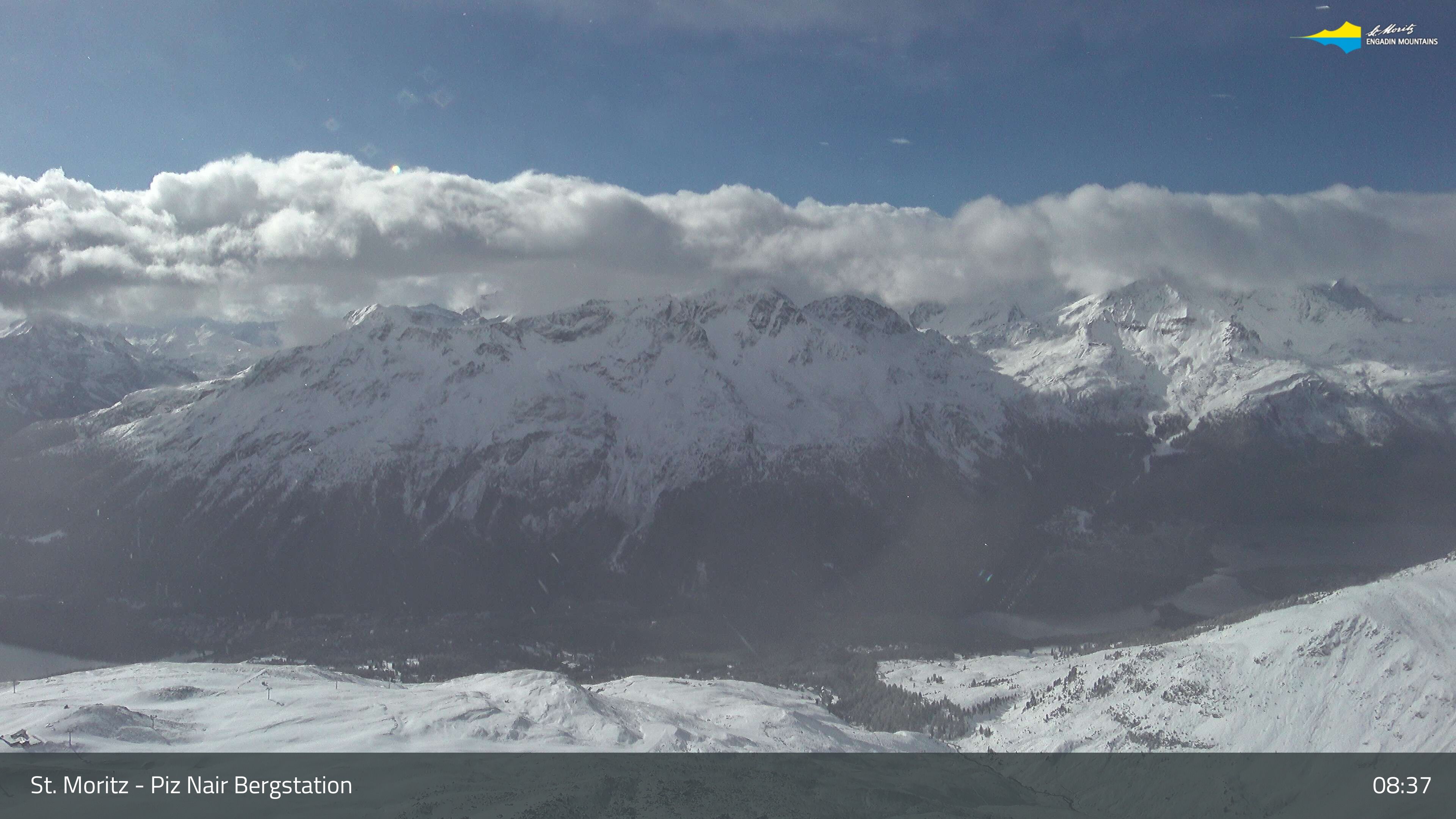 Sankt Moritz: St. Moritz - Piz Nair Bergstation, Blick Richtung St. Moritz und Silvaplana