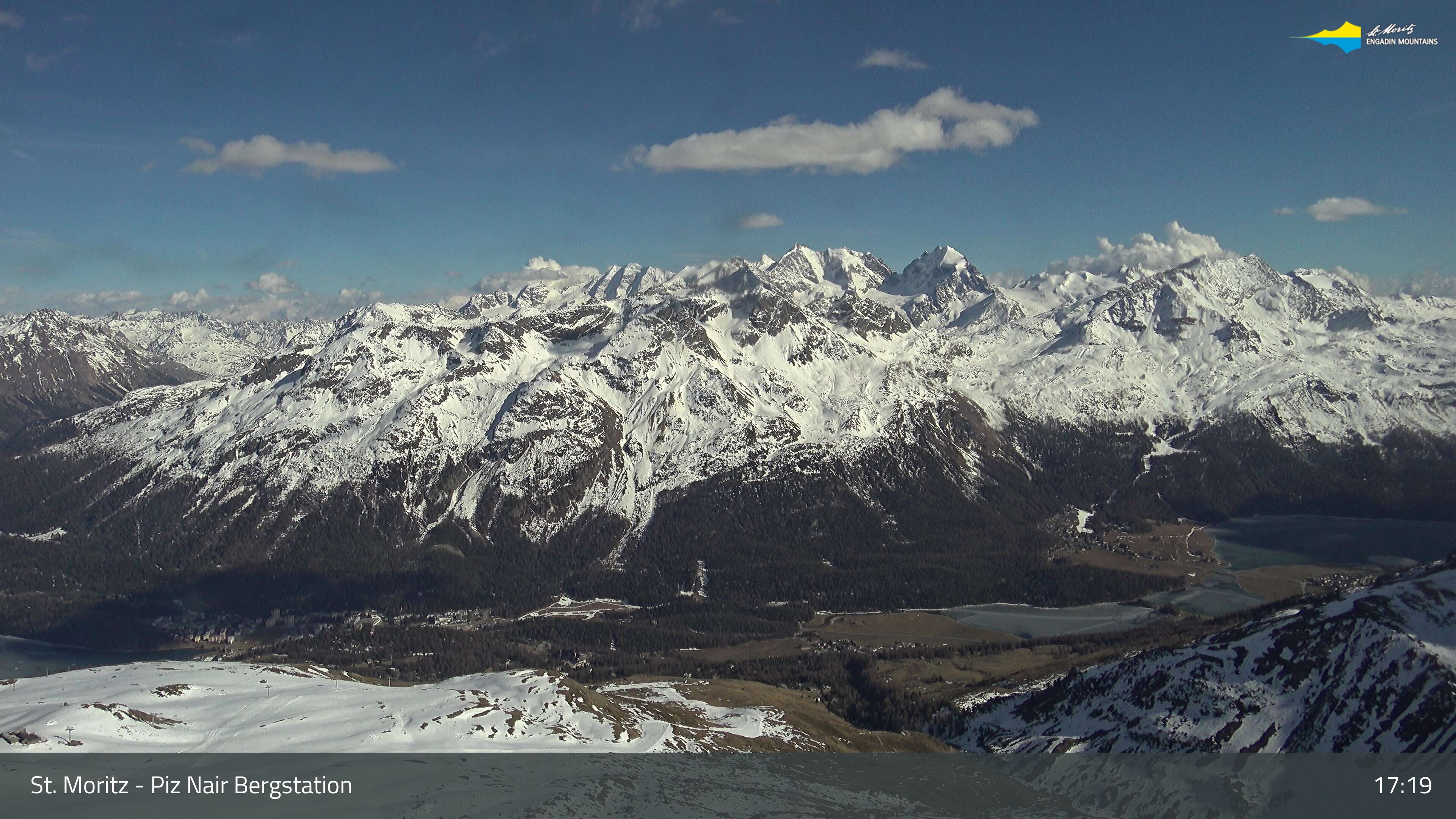 Sankt Moritz: St. Moritz - Piz Nair Bergstation, Blick Richtung St. Moritz und Silvaplana