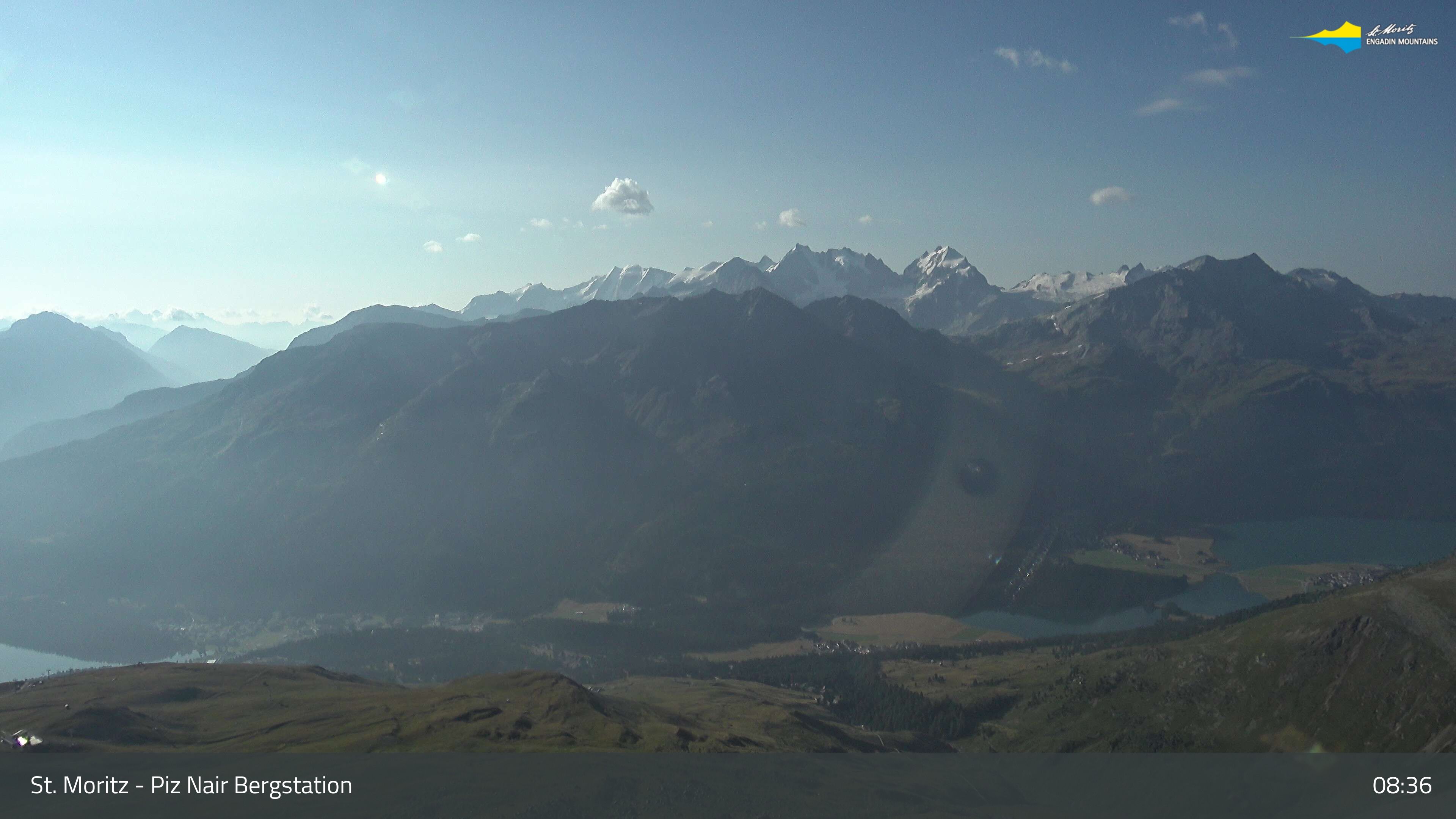 Sankt Moritz: St. Moritz - Piz Nair Bergstation, Blick Richtung St. Moritz und Silvaplana