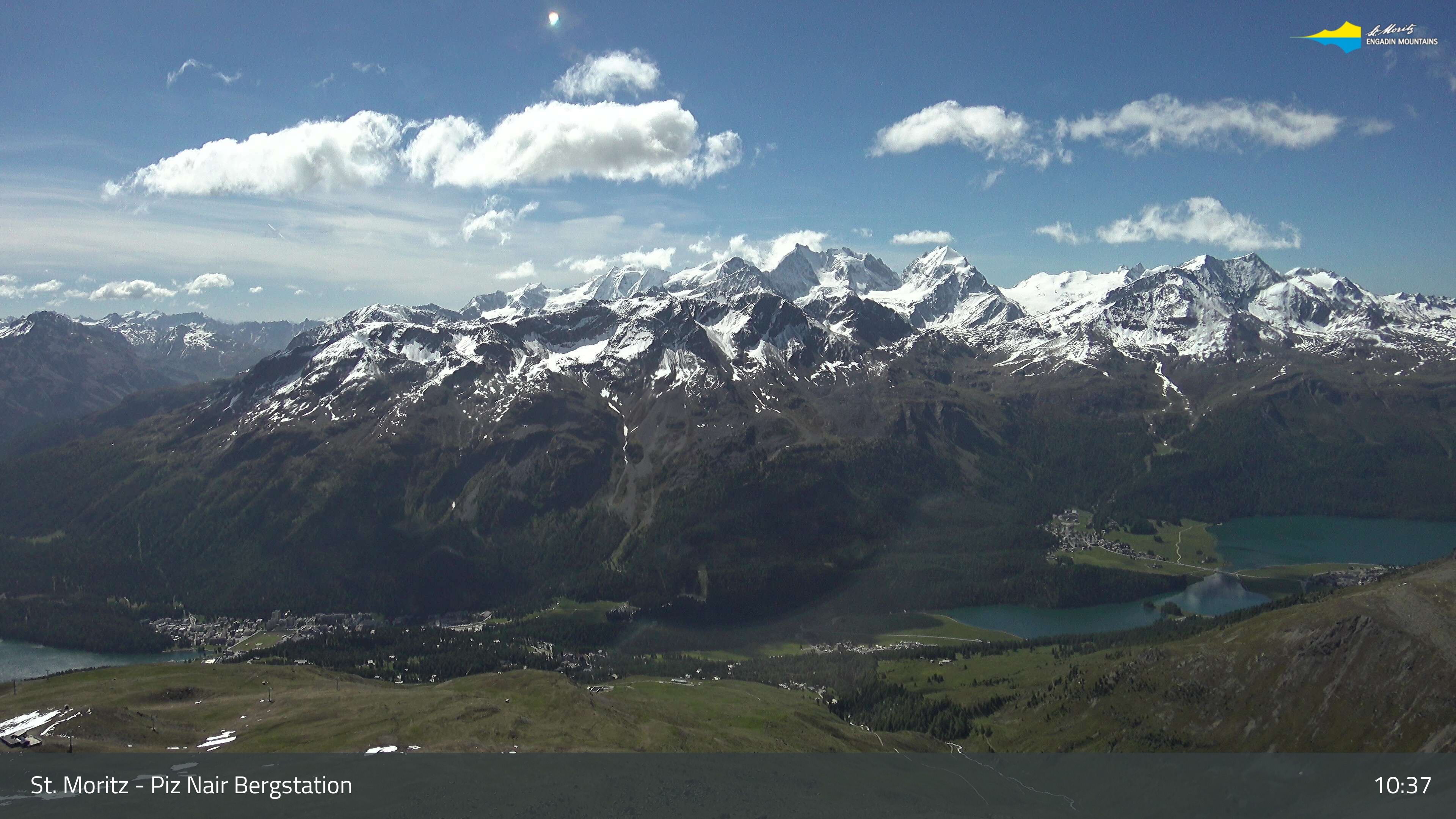 Sankt Moritz: St. Moritz - Piz Nair Bergstation, Blick Richtung St. Moritz und Silvaplana