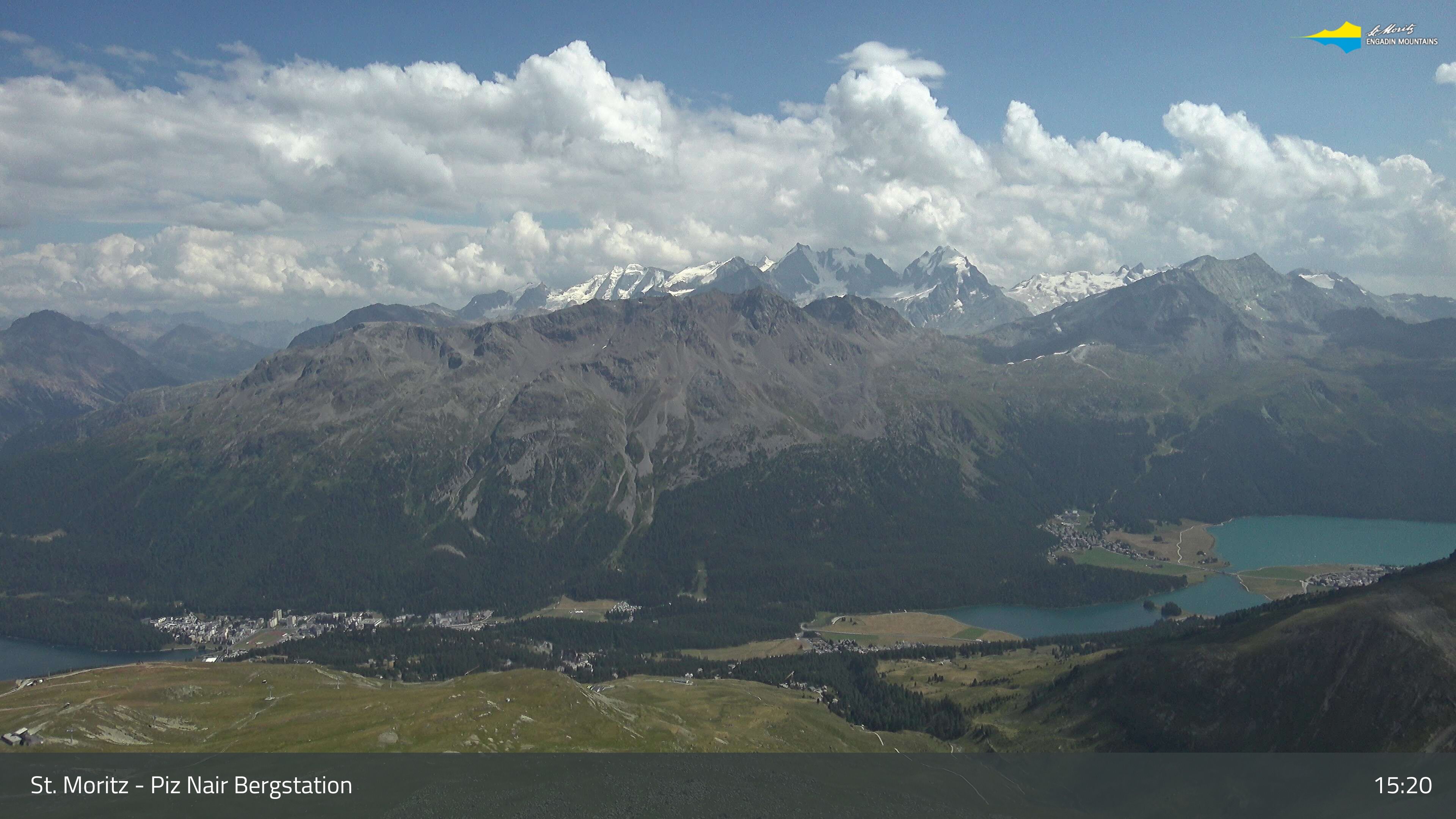 Sankt Moritz: St. Moritz - Piz Nair Bergstation, Blick Richtung St. Moritz und Silvaplana