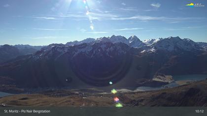 Sankt Moritz: St. Moritz - Piz Nair Bergstation, Blick Richtung St. Moritz und Silvaplana