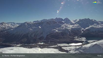 Sankt Moritz: St. Moritz - Piz Nair Bergstation, Blick Richtung St. Moritz und Silvaplana