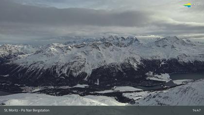 Sankt Moritz: St. Moritz - Piz Nair Bergstation, Blick Richtung St. Moritz und Silvaplana