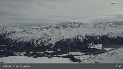 Sankt Moritz: St. Moritz - Piz Nair Bergstation, Blick Richtung St. Moritz und Silvaplana
