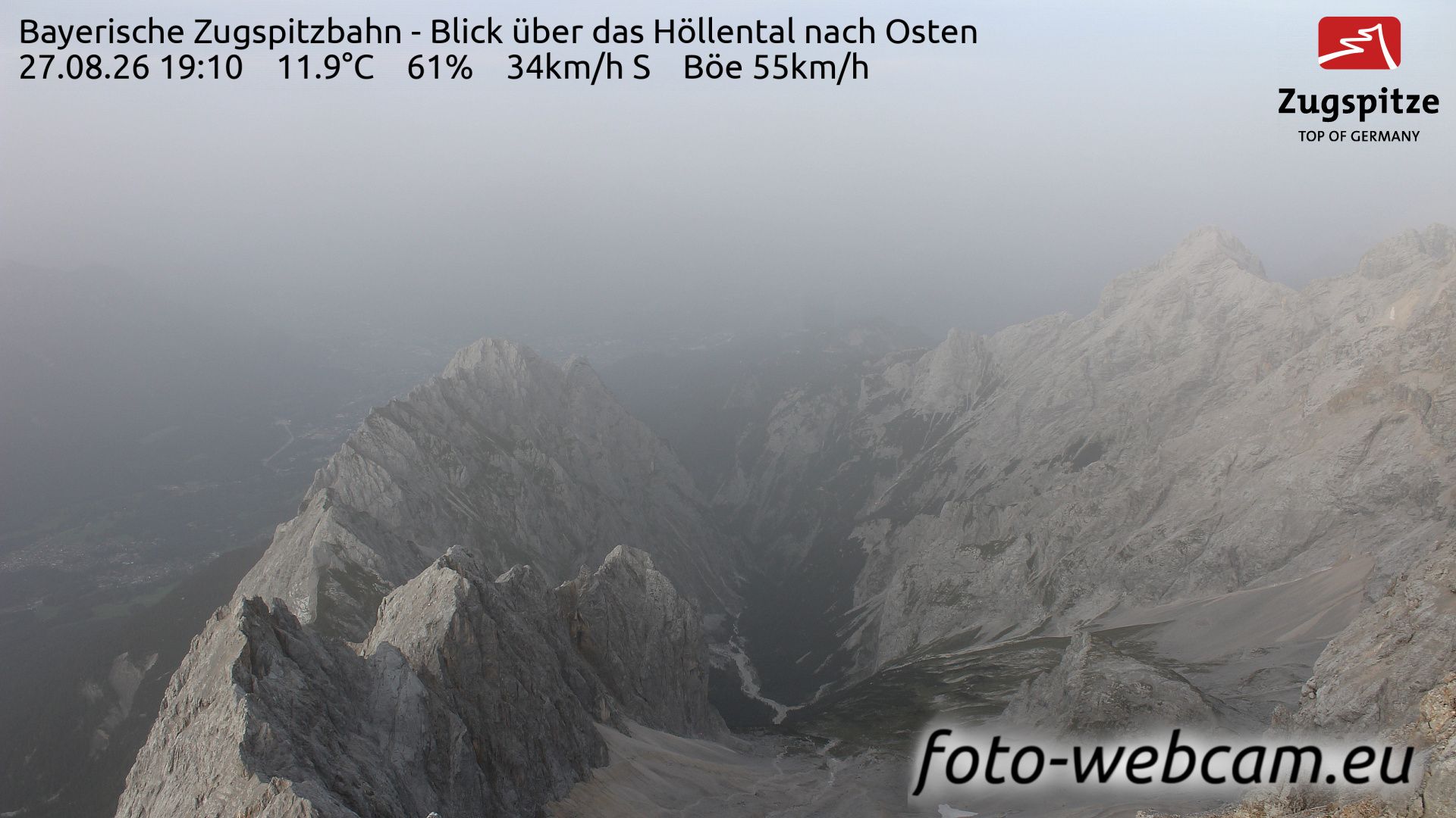 Traffic Cam Grainau: Bayerische Zugspitzbahn - Blick über das Höllental nach Osten