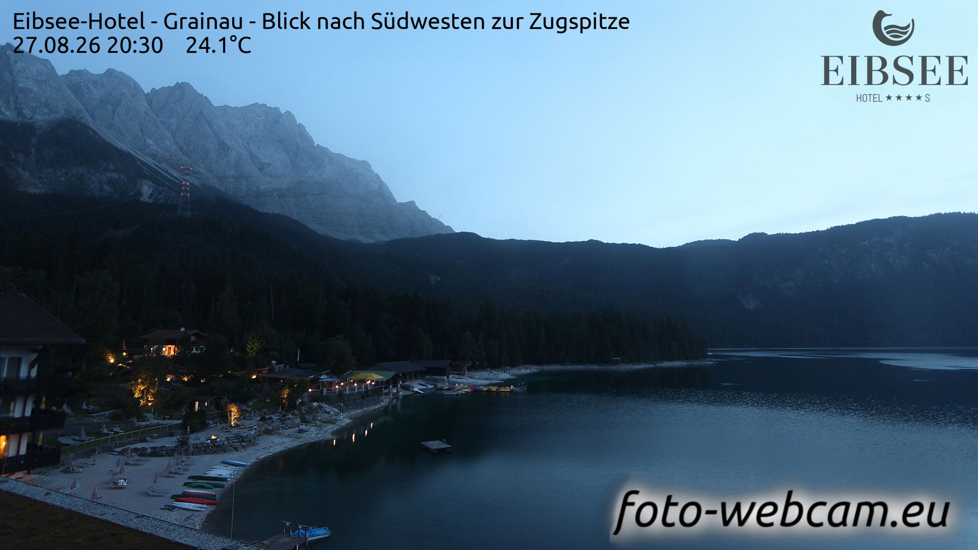 Traffic Cam Grainau: Eibsee-Hotel - Blick nach Südwesten zur Zugspitze