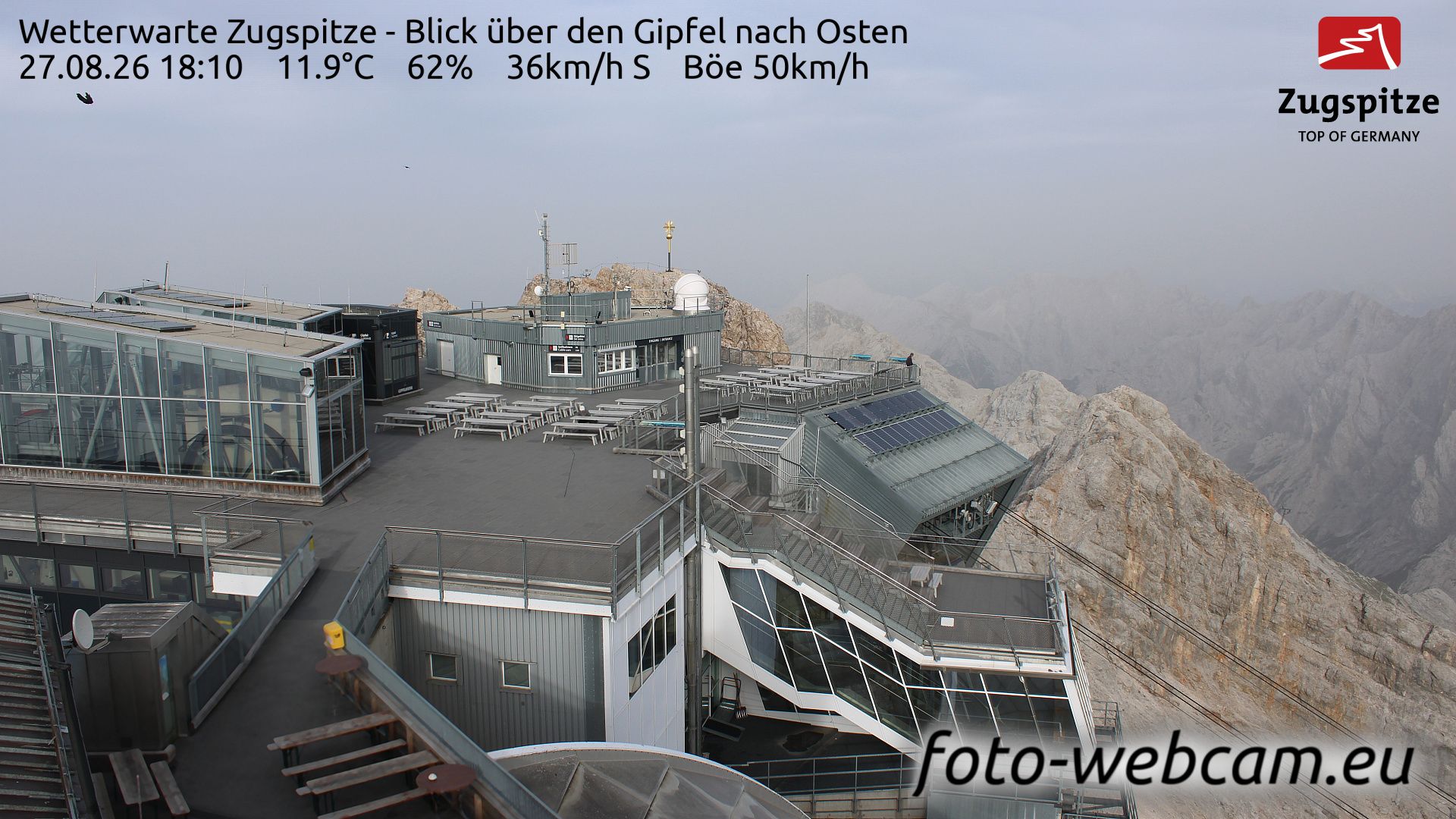 Traffic Cam Grainau: Wetterwarte Zugspitze - Blick über den Gipfel nach Osten