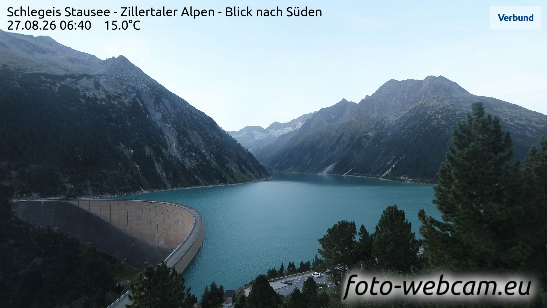 Traffic Cam Marktgemeinde Mayrhofen: Schlegeis Stausee - Zillertaler Alpen - Blick nach Süden