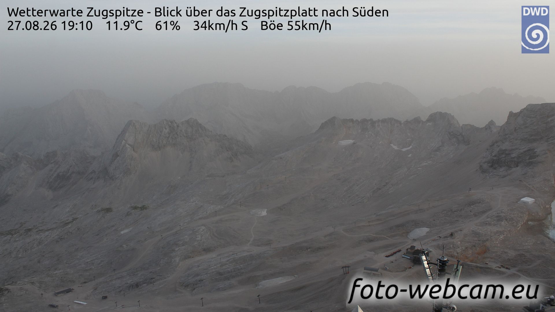 Traffic Cam Grainau: Wetterwarte Zugspitze - Blick über das Zugspitzplatt nach Süden